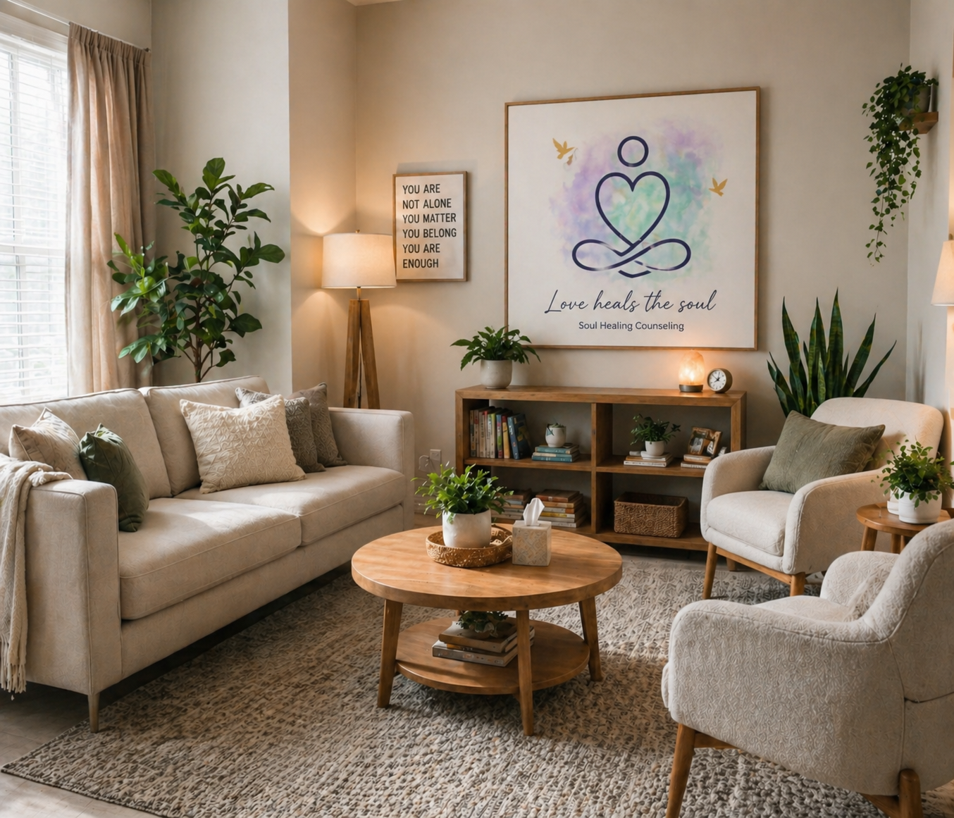 A cozy living room with a beige sofa and armchairs, wooden coffee table, green houseplants, framed artwork with inspirational text, and soft lighting.