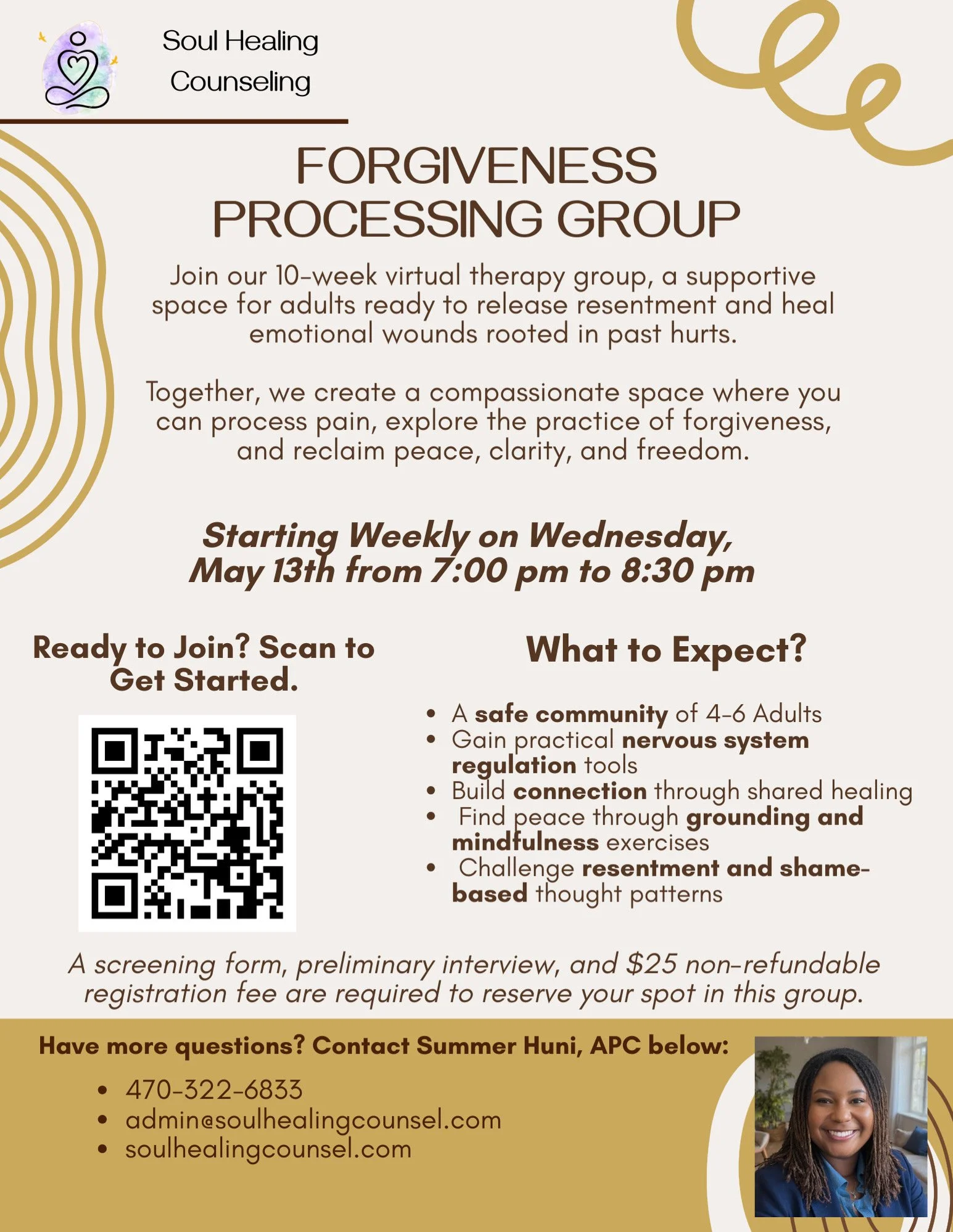 Flyer for Soul Healing Counseling promoting a 10-week virtual therapy group on forgiveness processing, starting Wednesday, May 13th, from 7:00 pm to 8:30 pm. Includes QR codes, contact information, and a photo of a smiling woman.