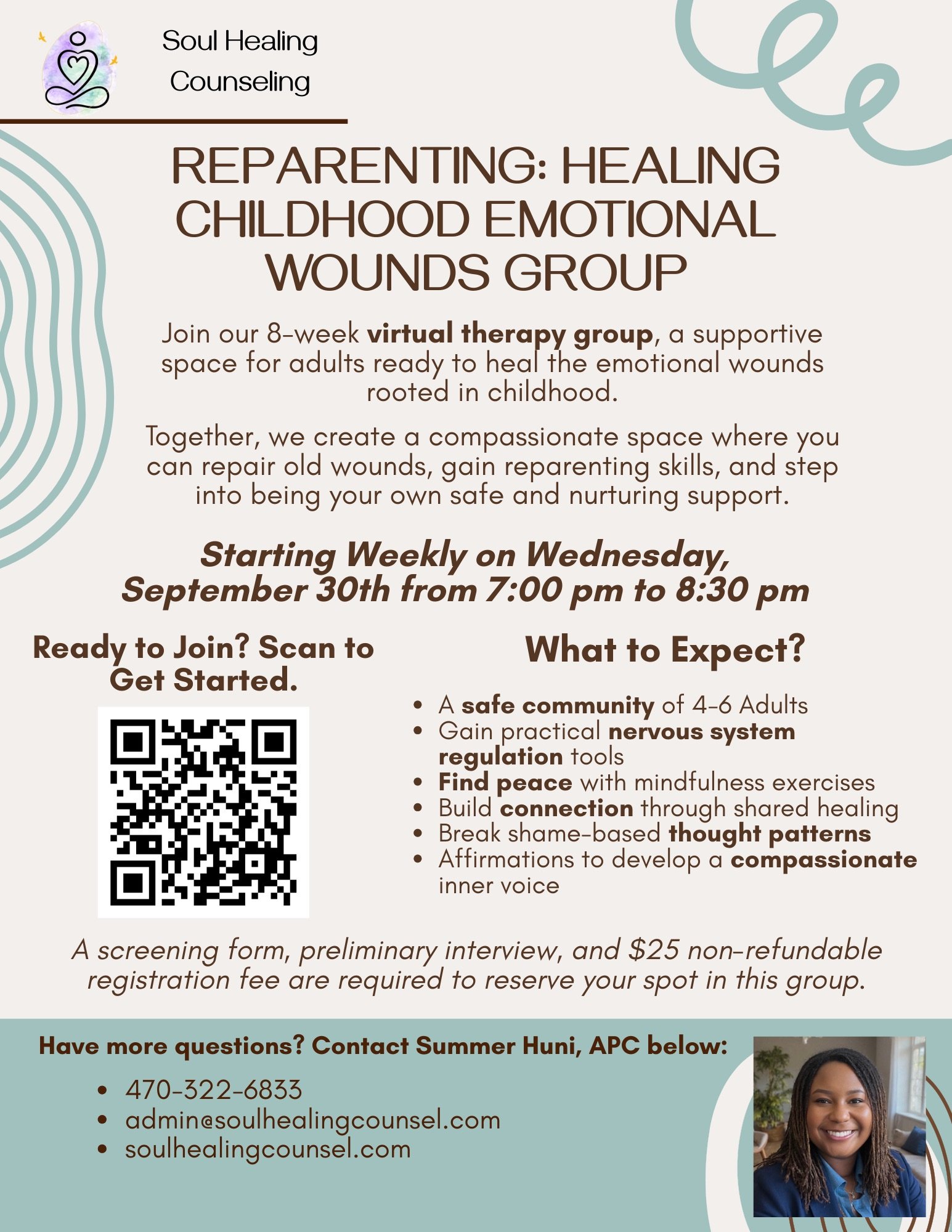 Flyer for Soul Healing Counseling promoting an 8-week virtual therapy group focused on childhood emotional wounds, starting September 30th, 7:00 pm to 8:30 pm, with QR code for registration, and contact information. Image of smiling woman in professional attire.