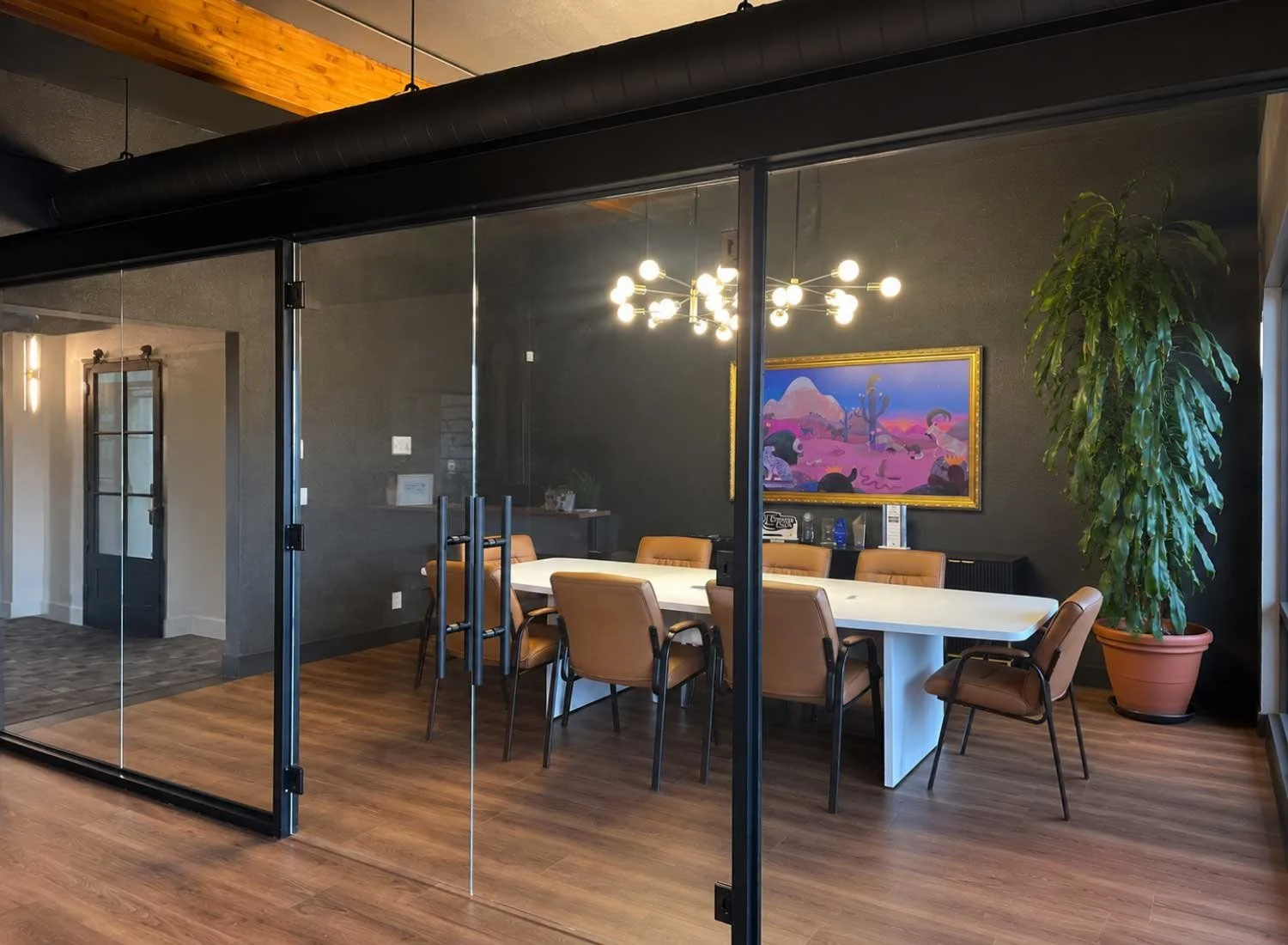Modern glass-walled conference room, tenant improvement construction company Stonebridge Developers in Redding, Ca