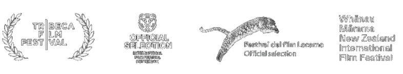 Black background poster with white text and graphics, including awards from the Tribeca Film Festival, an official selection badge for the International Film Festival Rotterdam, and text indicating the Locarno Film Festival official selection, with logos and a graphic of a cheetah.