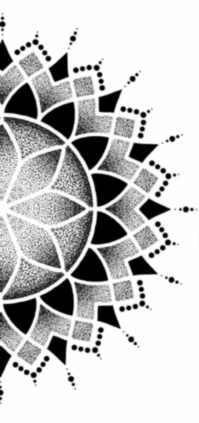 Black and white mandala pattern with geometric shapes and dotted details.