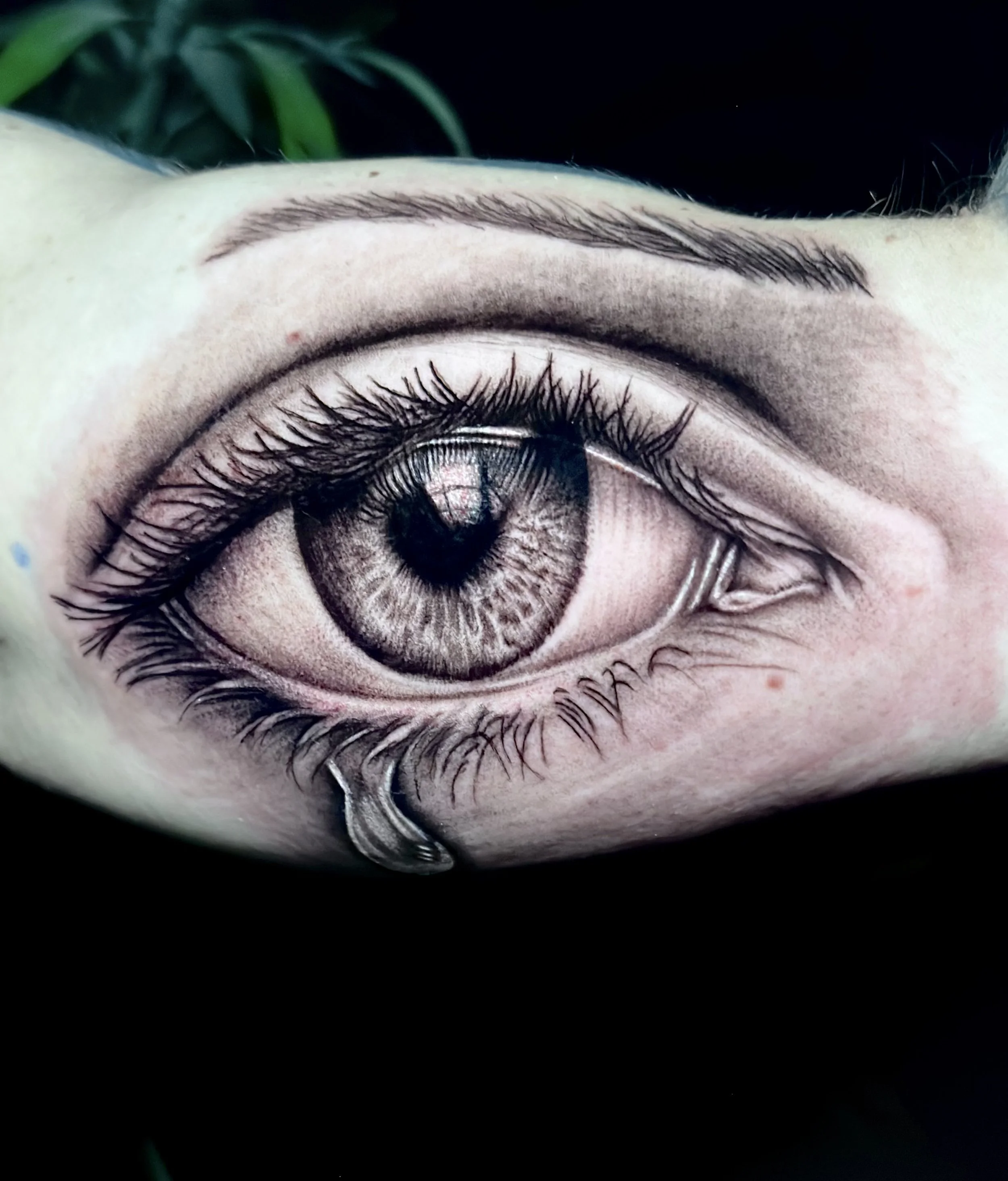 A close-up of a human eye with a detailed, realistic iris and long eyelashes, set against a dark background with some green leaves visible at the top.