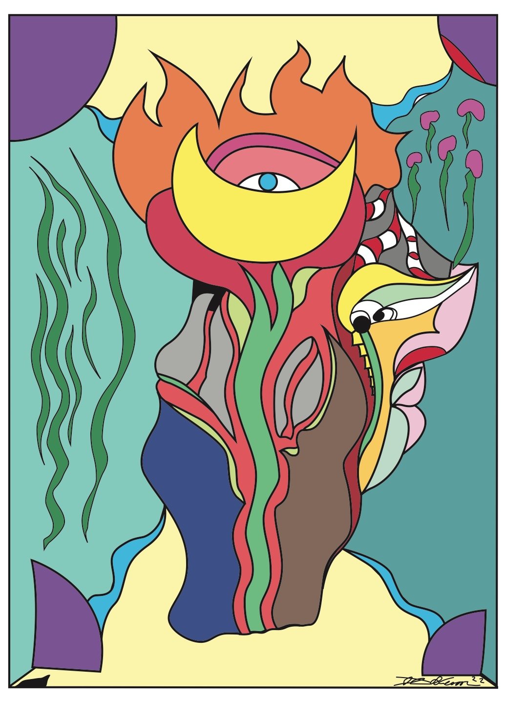 Abstract colorful artwork featuring a central flame with an eye and crescent moon shapes, surrounded by flowing plant-like and wave patterns with purple, green, pink, and yellow hues.