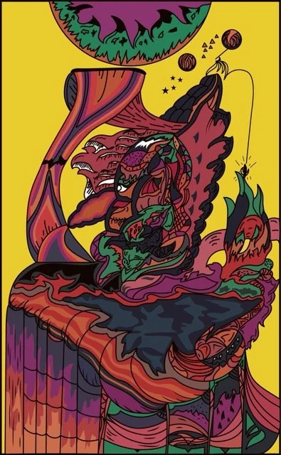 Abstract, colorful drawing of a surreal scene with various shapes and patterns on a yellow background.