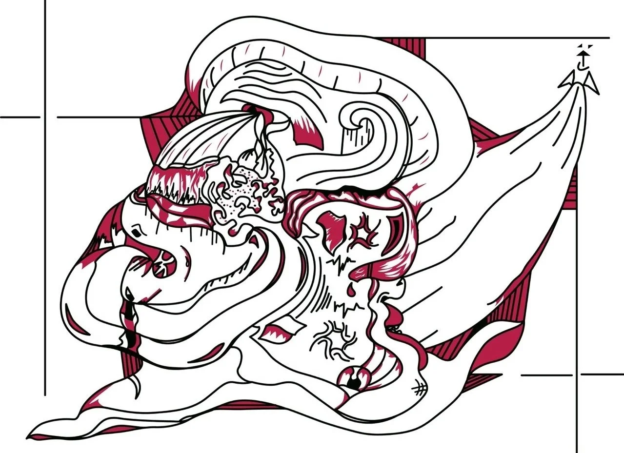 A complex, abstract black and white line drawing with red accents, featuring swirling, organic shapes and intricate details.