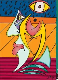 Abstract Cubist-style painting of a human face with a large eye, tongue sticking out, and bright colors.