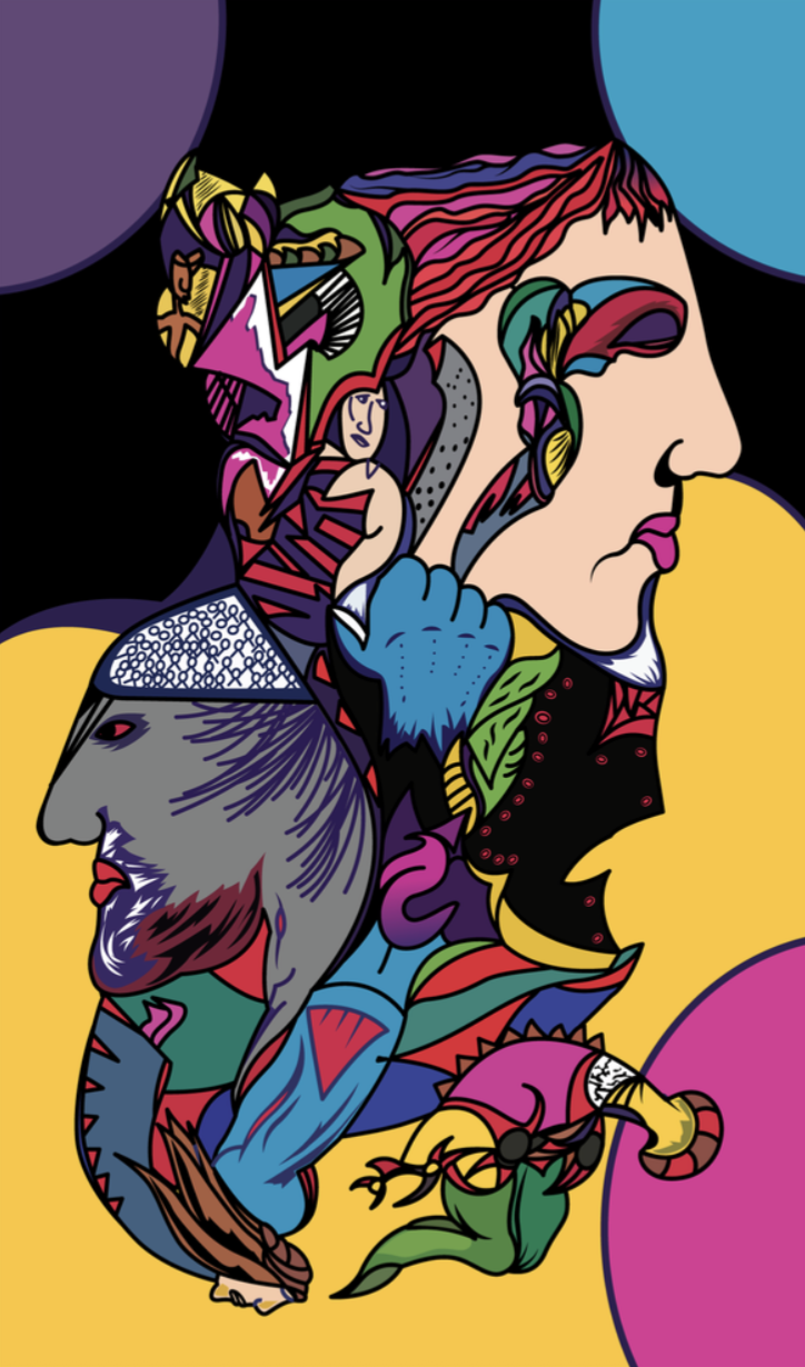 Colorful abstract illustration of a woman with red hair and multiple stylized faces and figures intertwined, set against a background of large purple, blue, yellow, and pink circles.