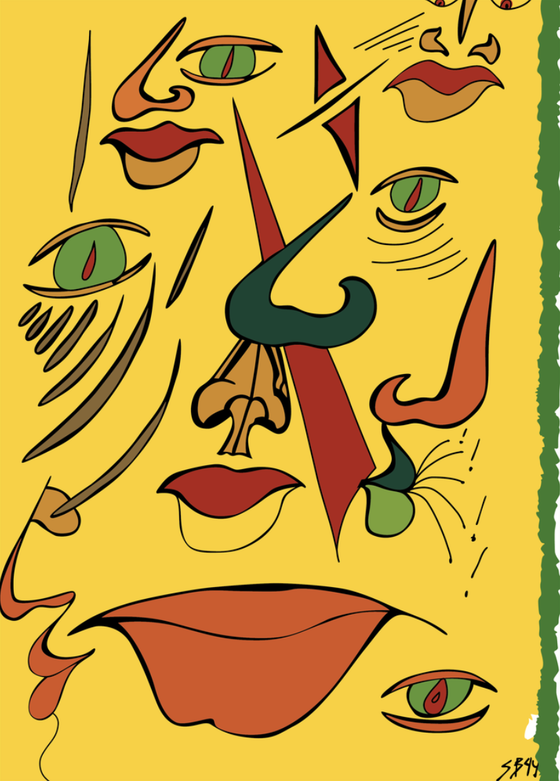 Abstract artwork of multiple disembodied facial features including eyes, noses, lips, and parts of faces, arranged in a colorful, cubist style against a yellow background.