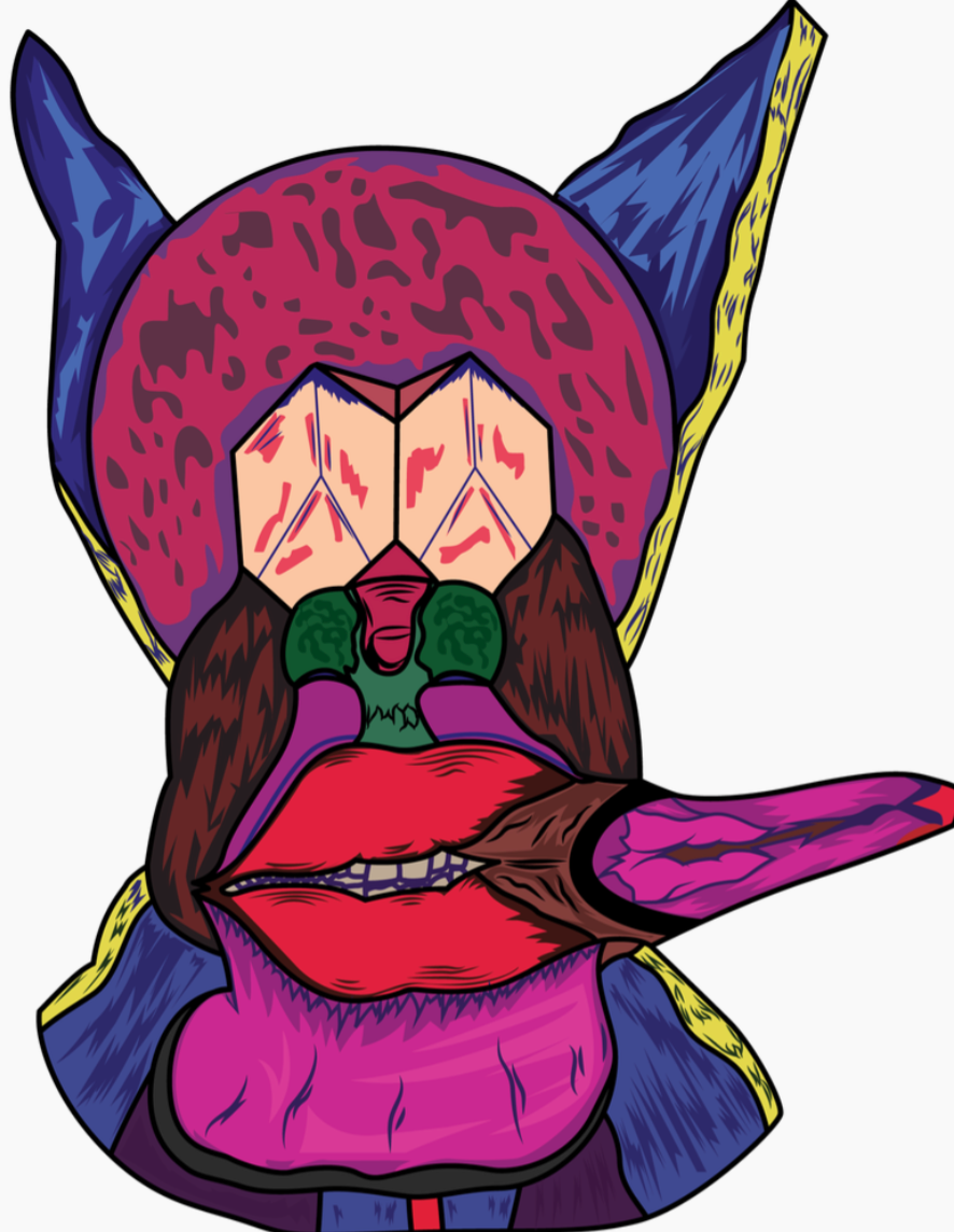 A colorful, abstract illustration of a human face with exaggerated features, including large lips, a decorated nose, and eyes, with a vibrant, patterned background.