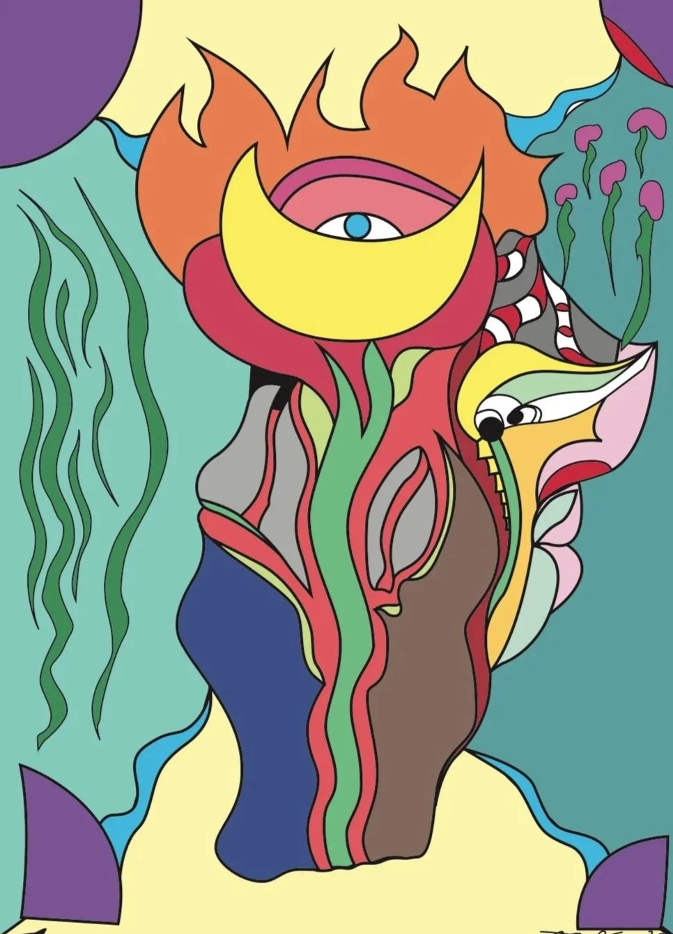 Abstract colorful drawing of a face with multiple eyes, surrounded by various shapes including flowers and plants.