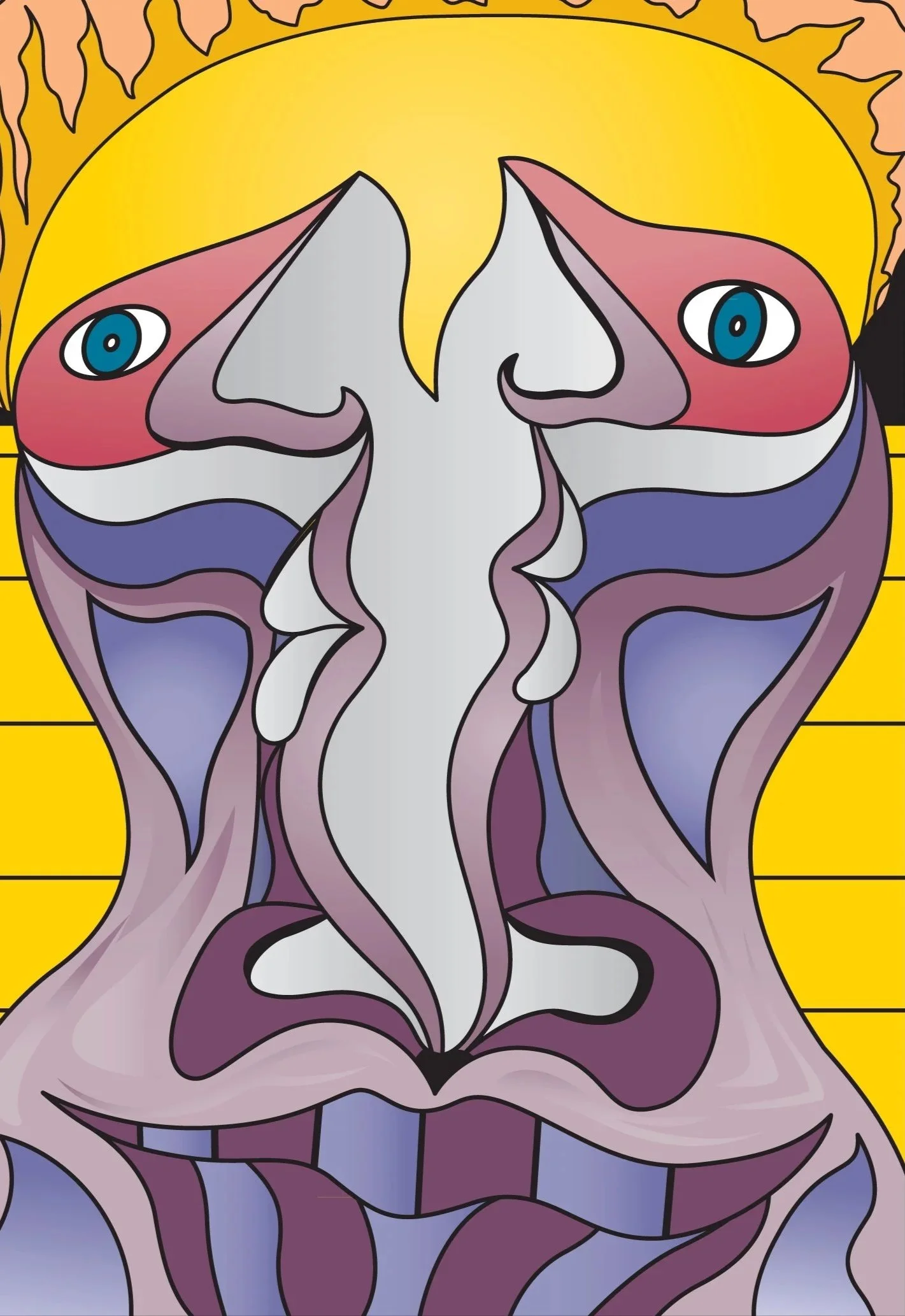 Abstract illustration of a face with blue eyes, pink cheeks, and colorful flowing lines resembling hair or smoke, set against a yellow background with brick patterns.