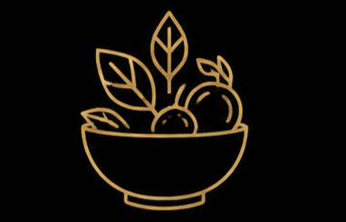 Line drawing of a bowl of fruit on a black background.
