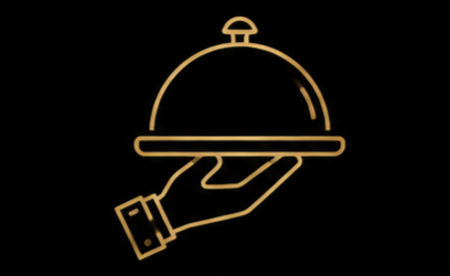 A hand holding a serving tray with a cloche cover on a black background.