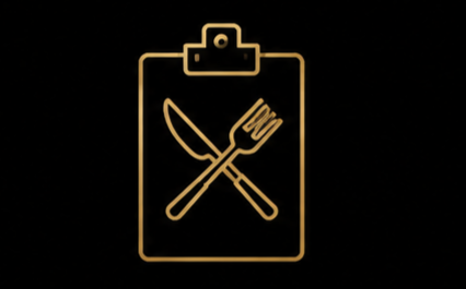 A neon sign of a clipboard with a knife and fork crossed, representing food or dining.