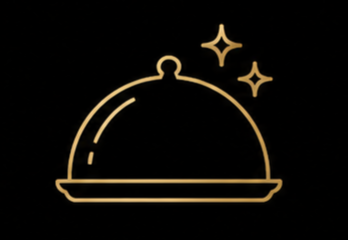 Gold outlines of a cloche and stars on a black background.