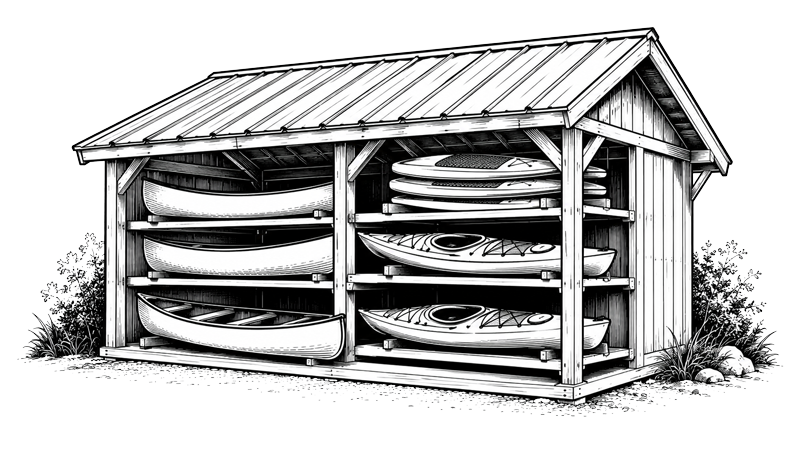 A wooden outdoor shed containing stacked kayaks and canoes.