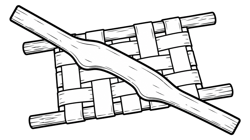 Drawing of a wooden stick on a woven bamboo mat.