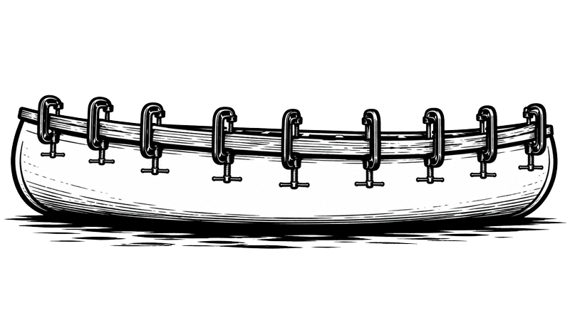 Black and white illustration of a boat with clamps on its sides, floating on water.