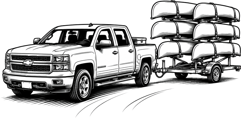 Illustration of a white pickup truck towing a trailer loaded with multiple canoes.