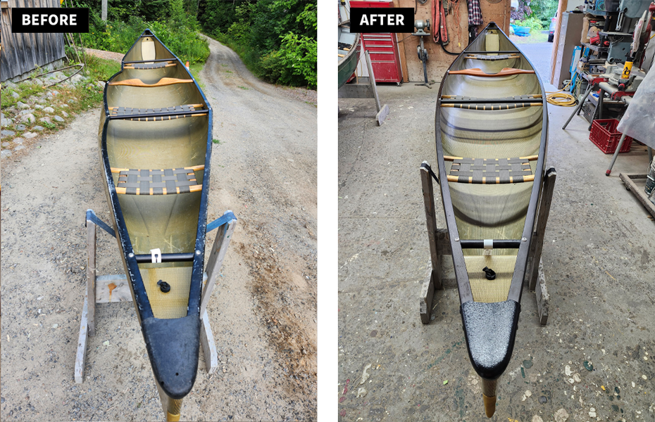 Side-by-side comparison of a canoe before and after cleaning. The 'before' image shows a canoe on a gravel path outdoors, appearing dirty and weathered. The 'after' image shows the same canoe inside a workshop, cleaned and refinish, looking new and polished.