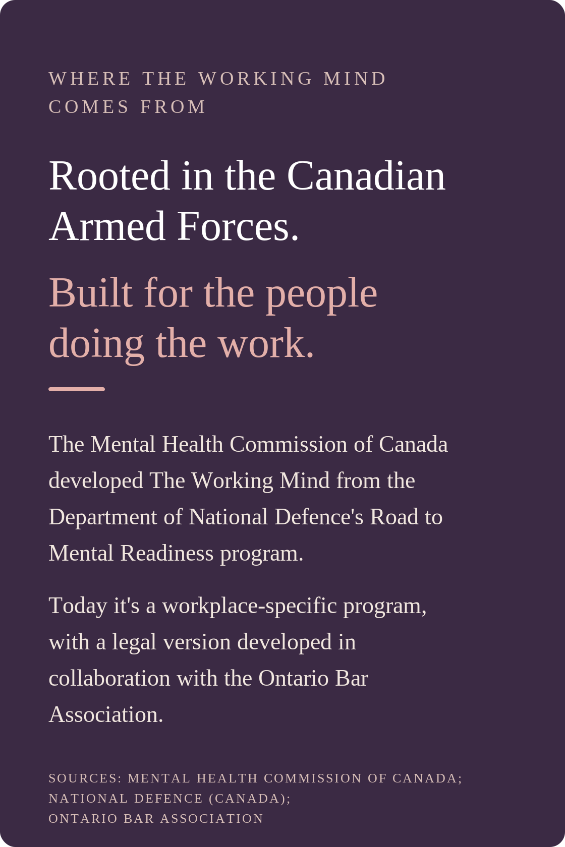 The Working Mind, built for the people doing the work. Adapted by the Mental Health Commission of Canada from the Armed Forces’ Road to Mental Readiness program. This version was made with the Ontario Bar Association.