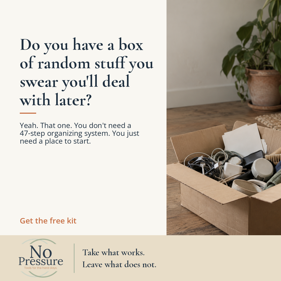 A cardboard box filled with miscellaneous items such as cords, papers, and cups, placed on a wooden floor near a potted plant, alongside text about decluttering and organization.