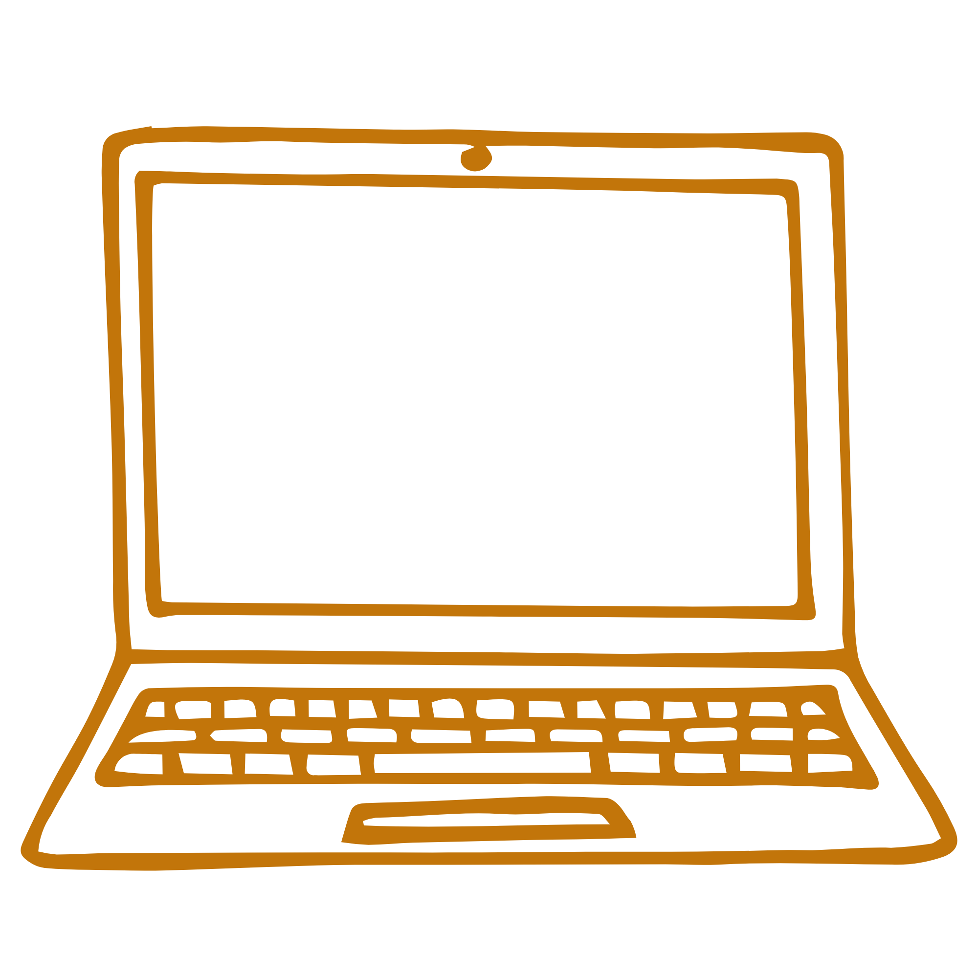 Outline drawing of a laptop with a rectangular screen and a keyboard in brown color.