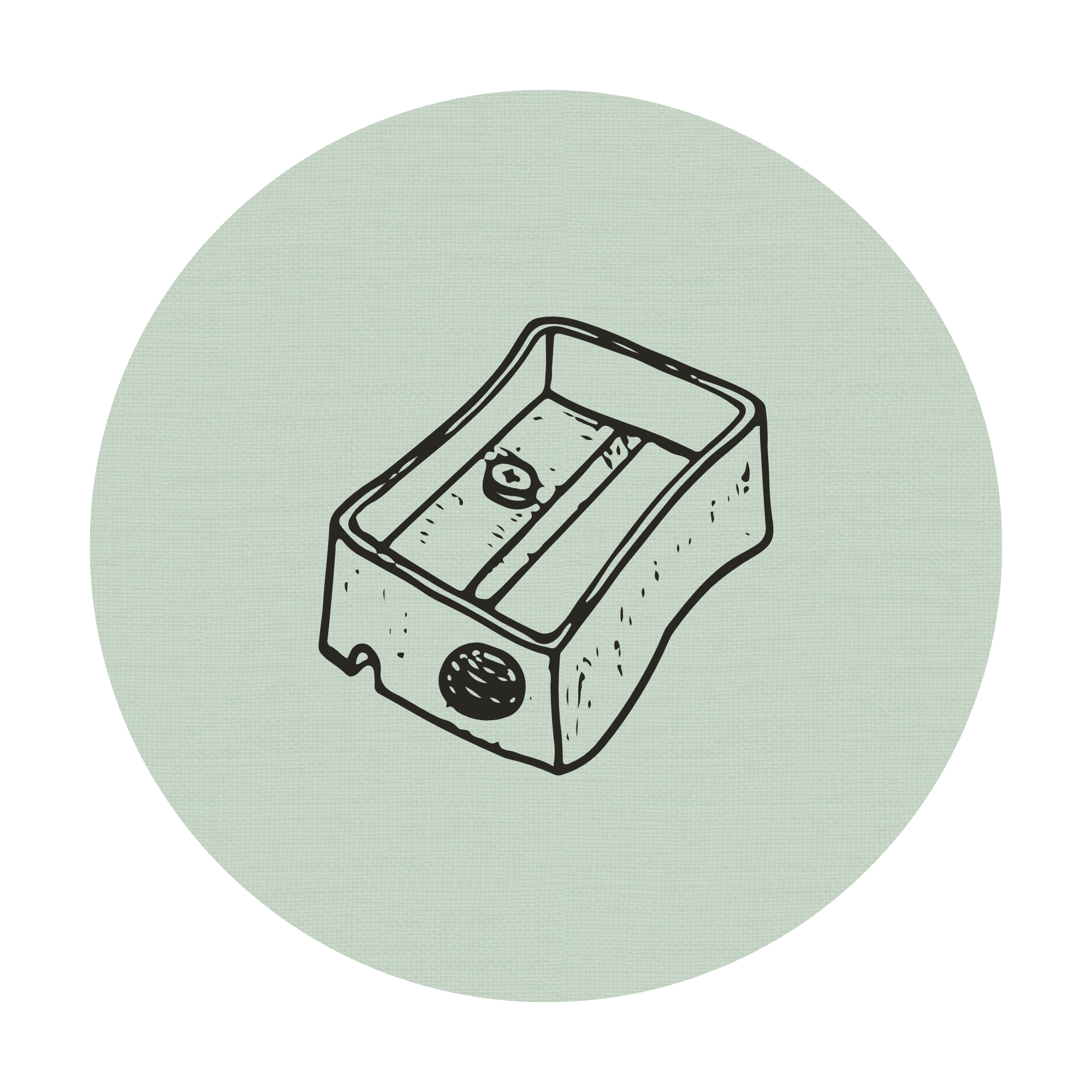 Illustration of a pencil sharpener, depicted in black outline on a light green background.