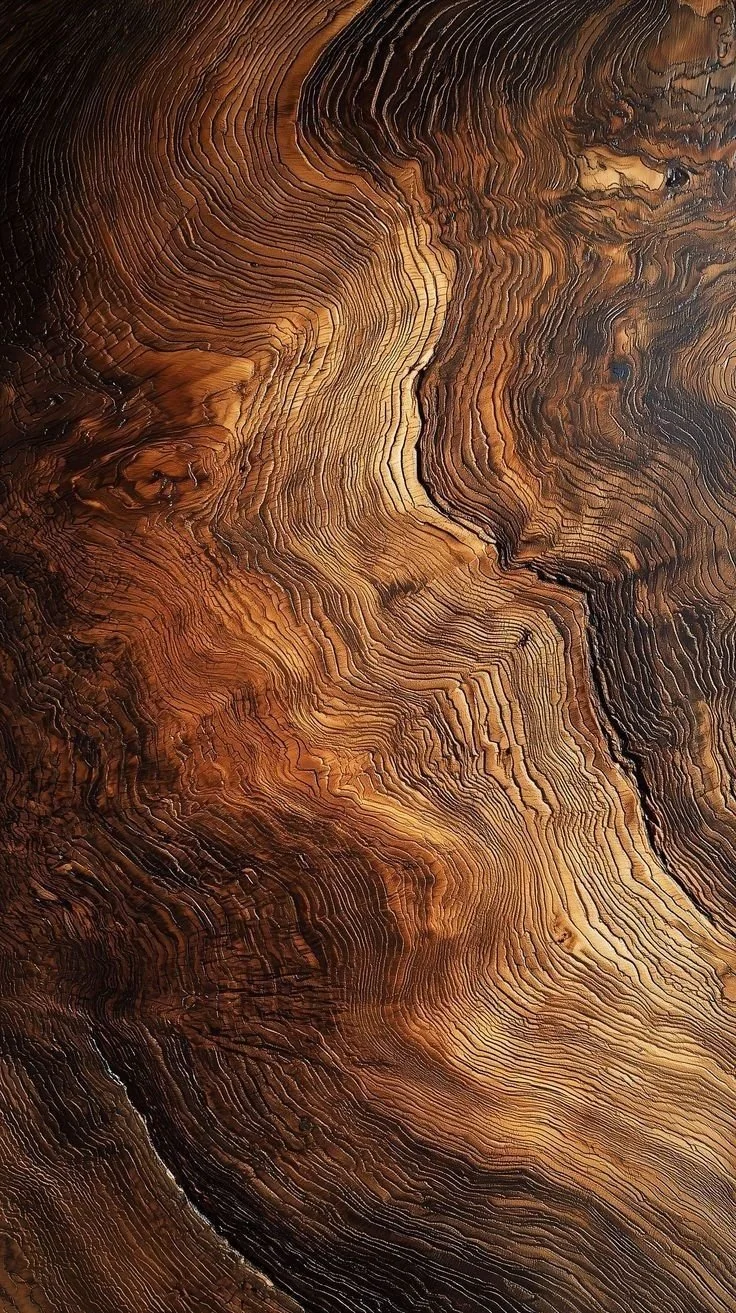 Close-up of a textured wooden surface showing concentric growth rings, knots, and natural grain patterns.
