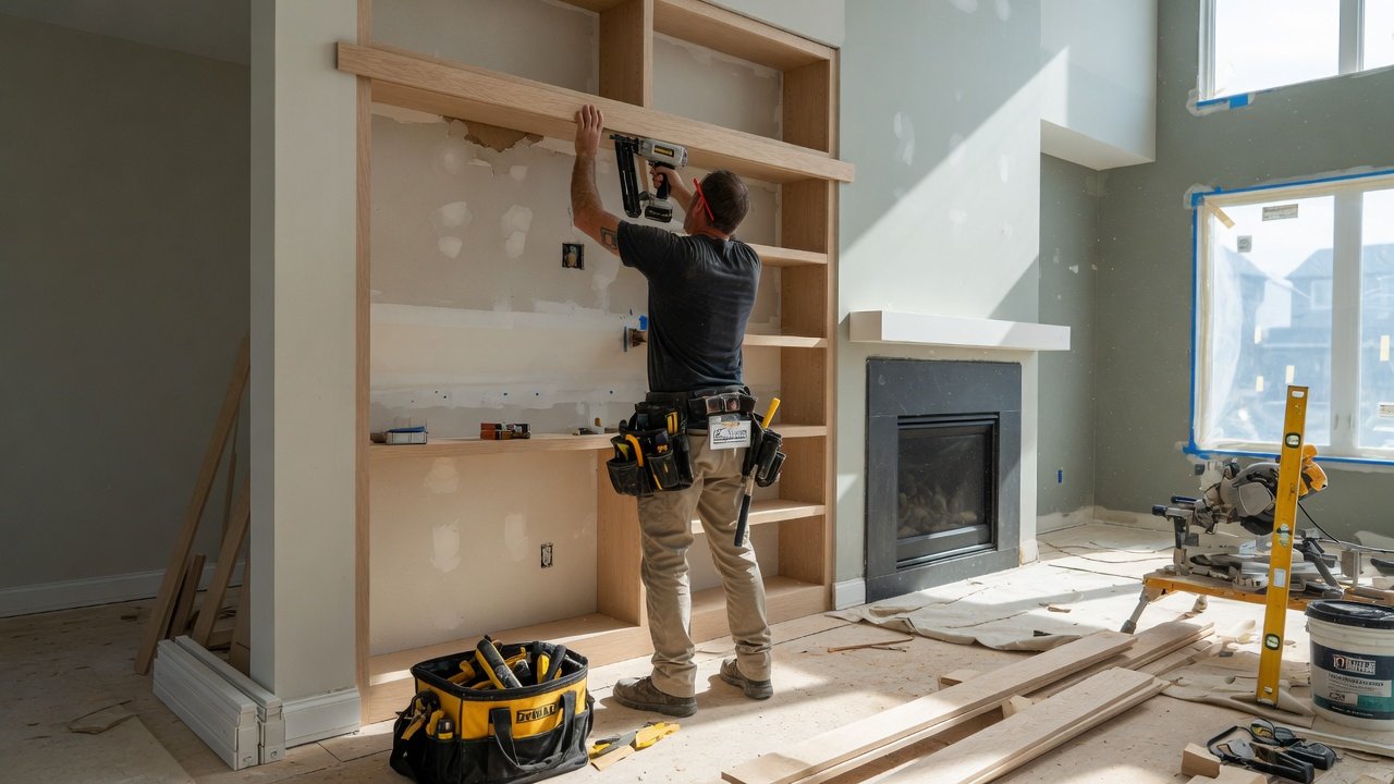 A construction worker installing wooden framing on a wall in a home under renovation, with tools and construction materials around.