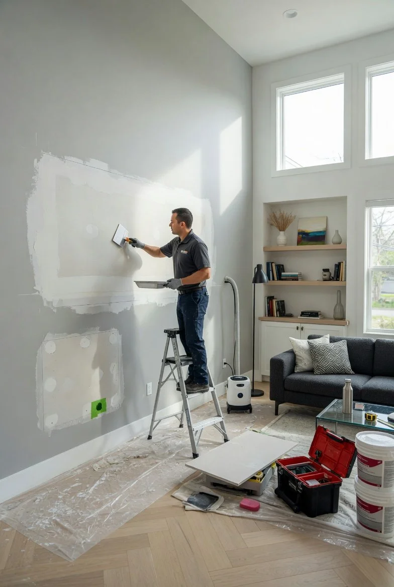 A man on a ladder painting a wall in a living room with large windows, a gray couch, built-in shelves with decorations, and construction tools around him.