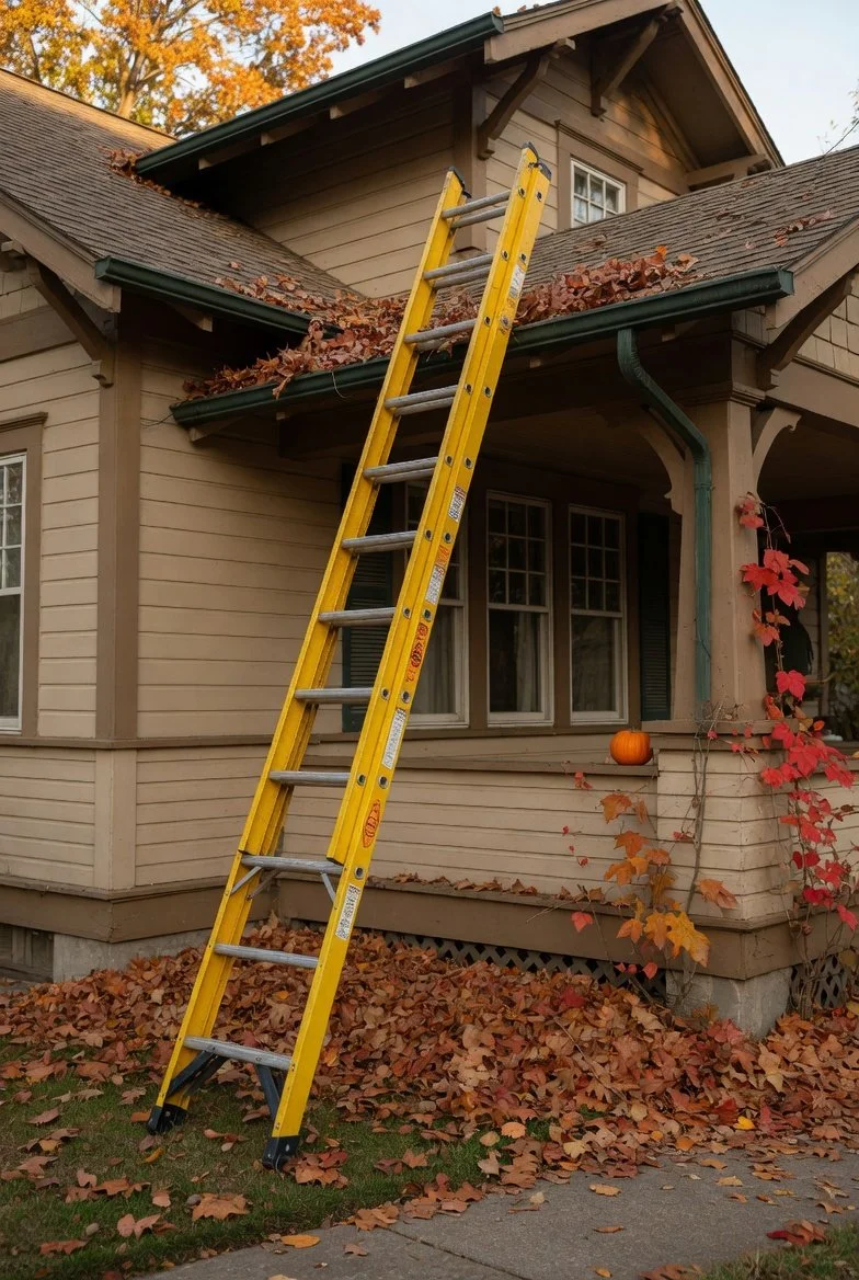 A yellow extension ladder leaning against the front porch of a house, surrounded by fallen autumn leaves, with a small pumpkin on the porch.
