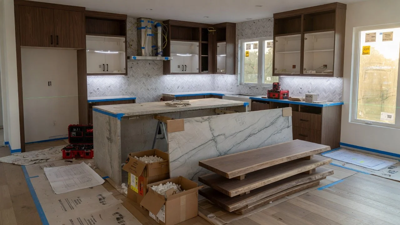 Kitchen under construction with dark wood cabinets, a marble island, and general construction materials and tools on the floor.
