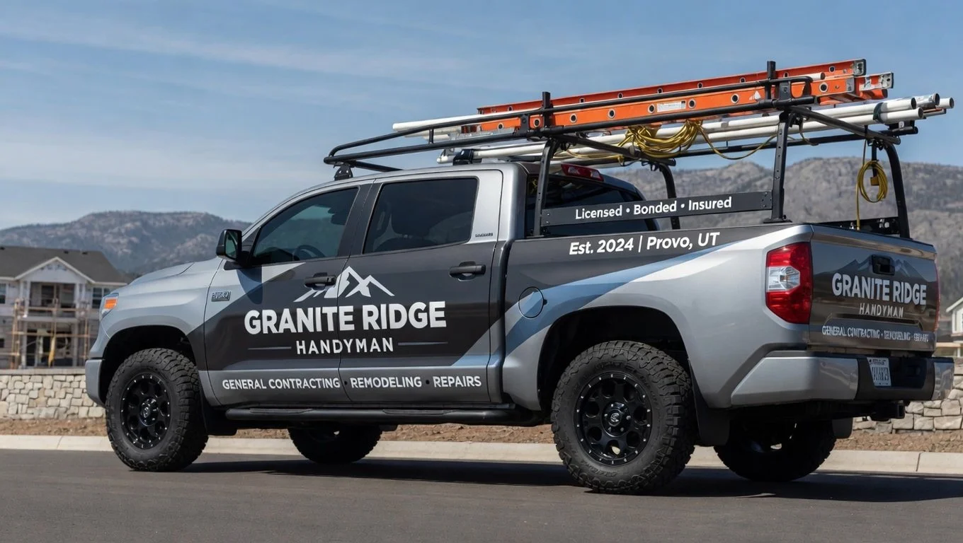 A silver pickup truck with black and white graphics for Granite Ridge Handyman, parked on a street with construction and mountains in the background. The truck has ladders and equipment on the roof rack.