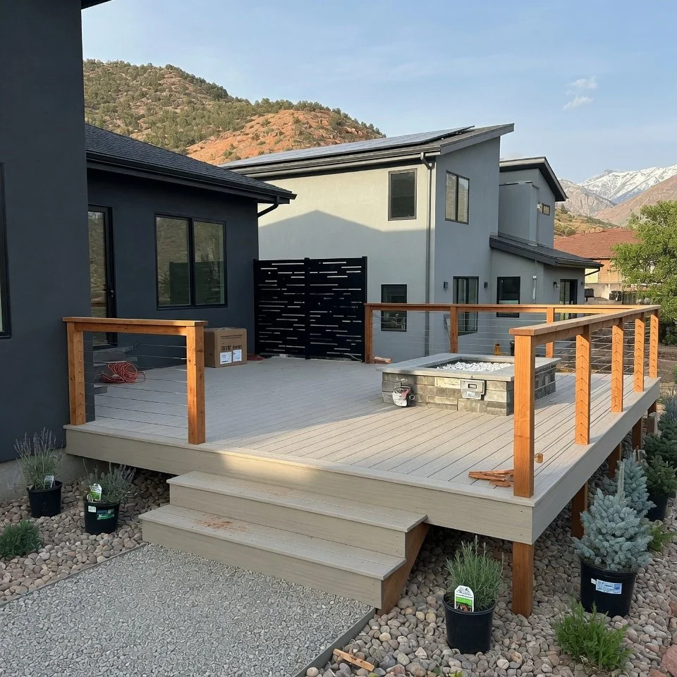 A new wooden deck attached to a house with mountain views in the background. The deck has a railing, steps, and some potted plants nearby.