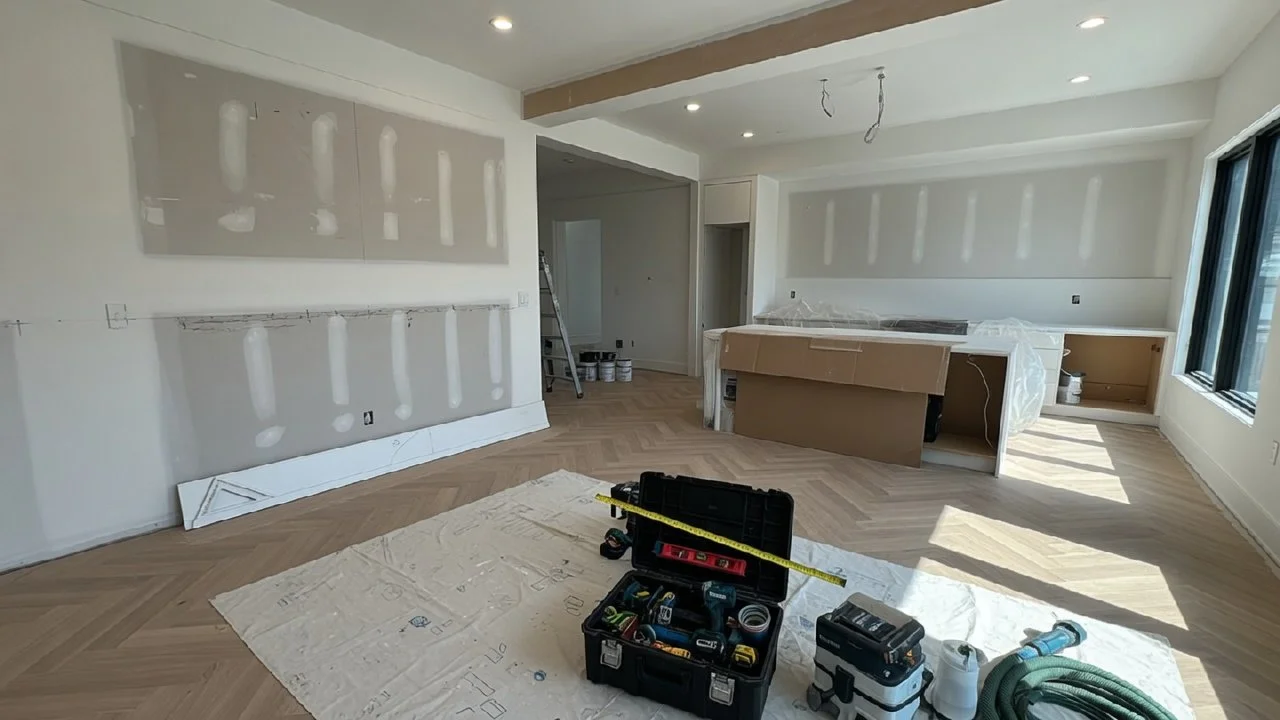 Interior of a house under renovation with drywall work in progress, construction tools on the floor, and part of a kitchen area visible.