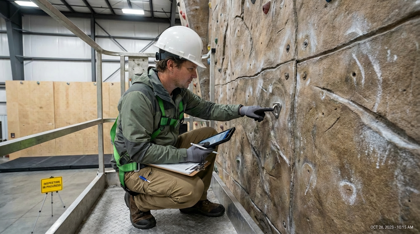 A man wearing a helmet and safety harness inspecting a rock climbing wall while taking notes on a clipboard and tablet inside a large industrial facility.