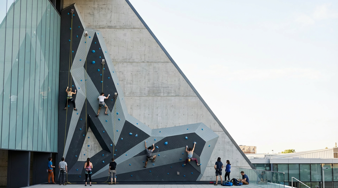 People climbing an outdoor artificial rock wall in an urban setting, with some waiting and others actively climbing.