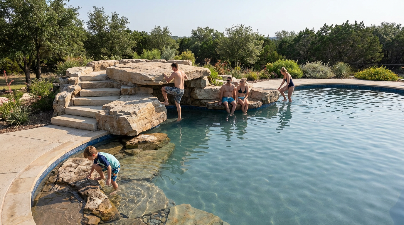 People enjoying a backyard pool with rock formations, trees, and shrubs surrounding it.