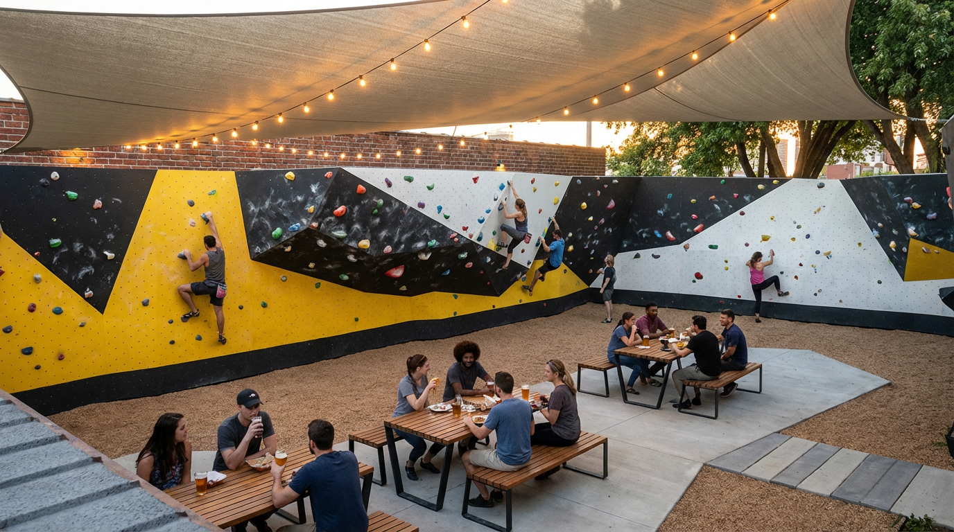 People climbing on an indoor rock climbing wall at an outdoor social gathering with string lights overhead.