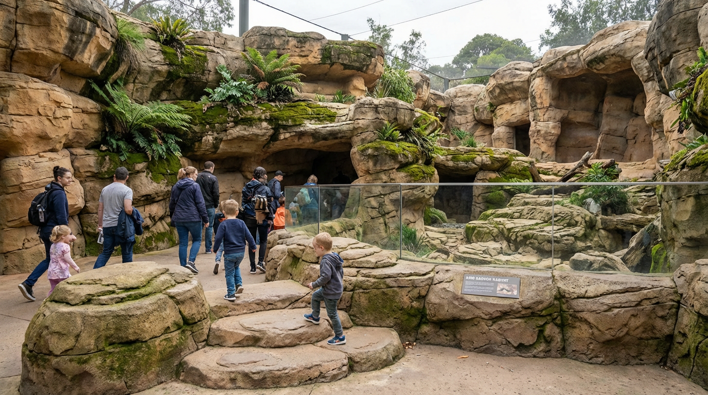 Zoo exhibit with artificial rocks, ferns, and plants, visitor viewing area with glass barrier, people walking and children exploring.