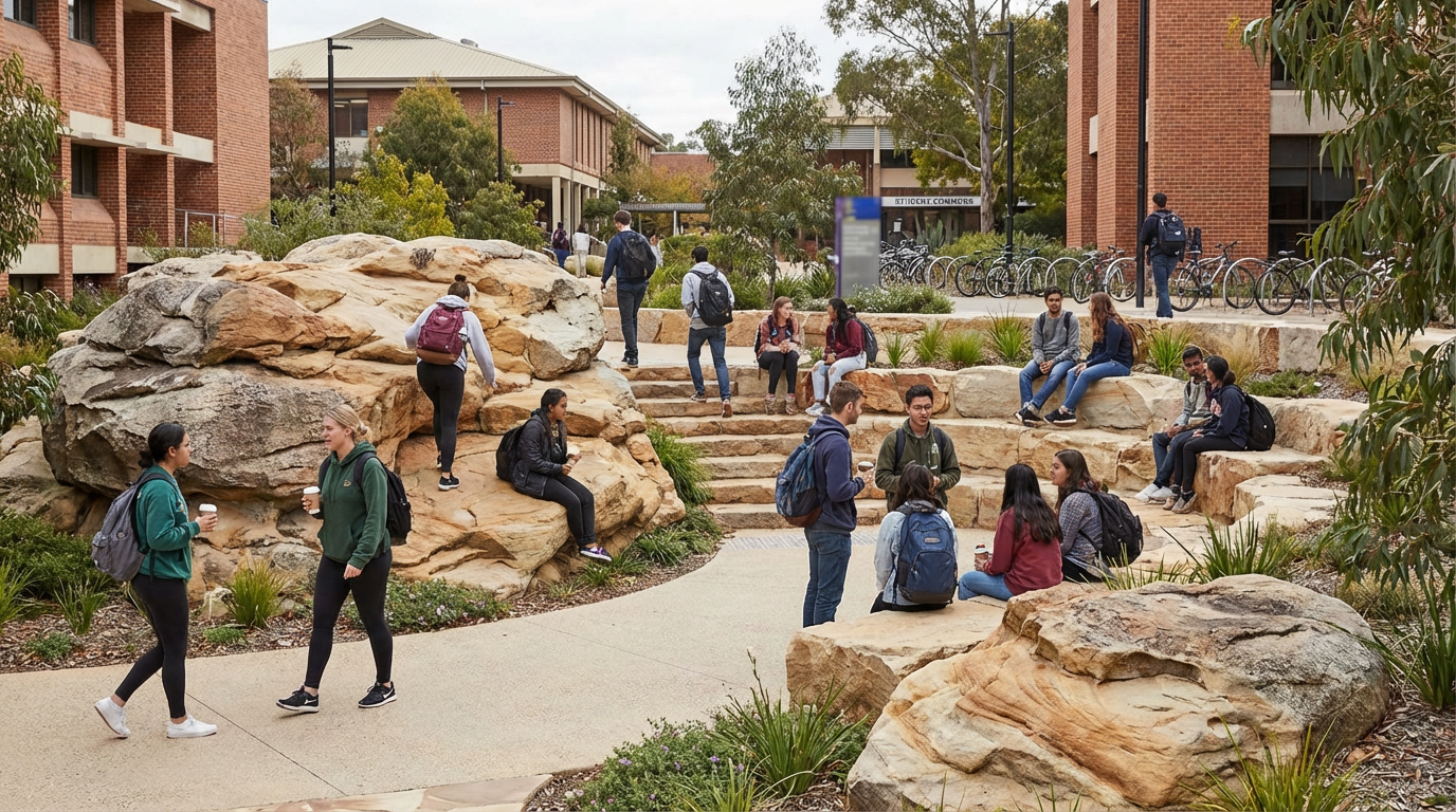 Students sitting and standing in a university campus courtyard with large rocks, plants, and brick buildings in the background. Some students are chatting, others are walking or sitting in small groups.
