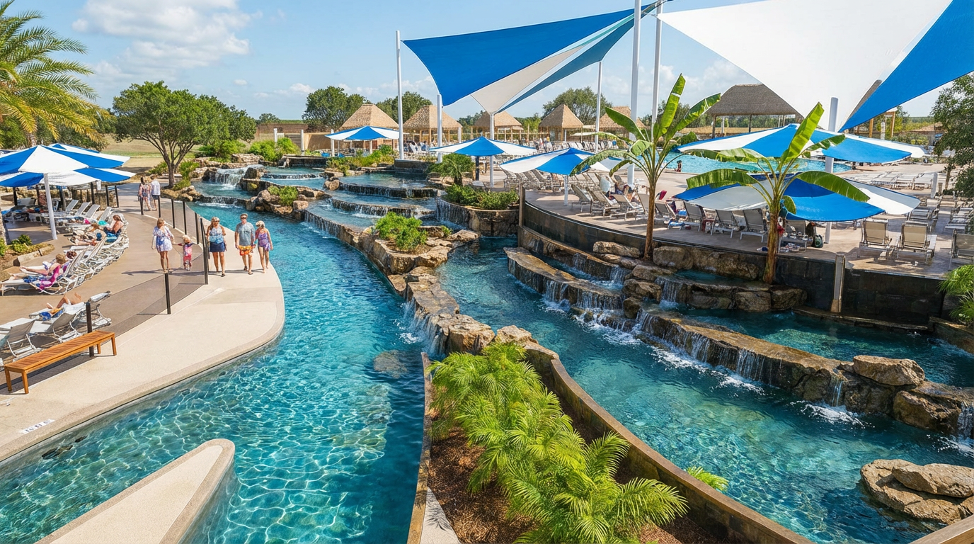 Luxury outdoor pool area with waterfalls, lounge chairs, umbrellas, and tropical plants under a blue sky.