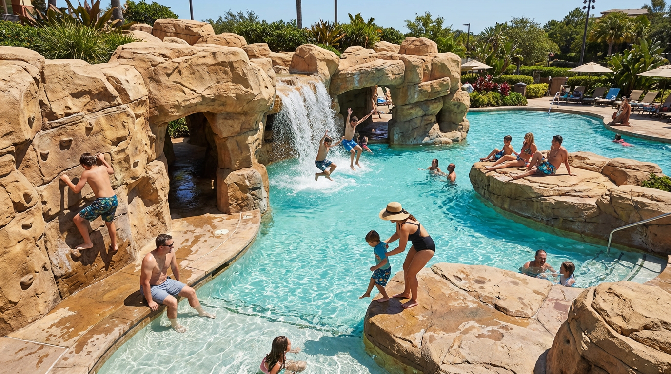 People swimming, lounging, and playing in a large, outdoor, man-made water park with rock formations, waterfalls, and a lazy river.