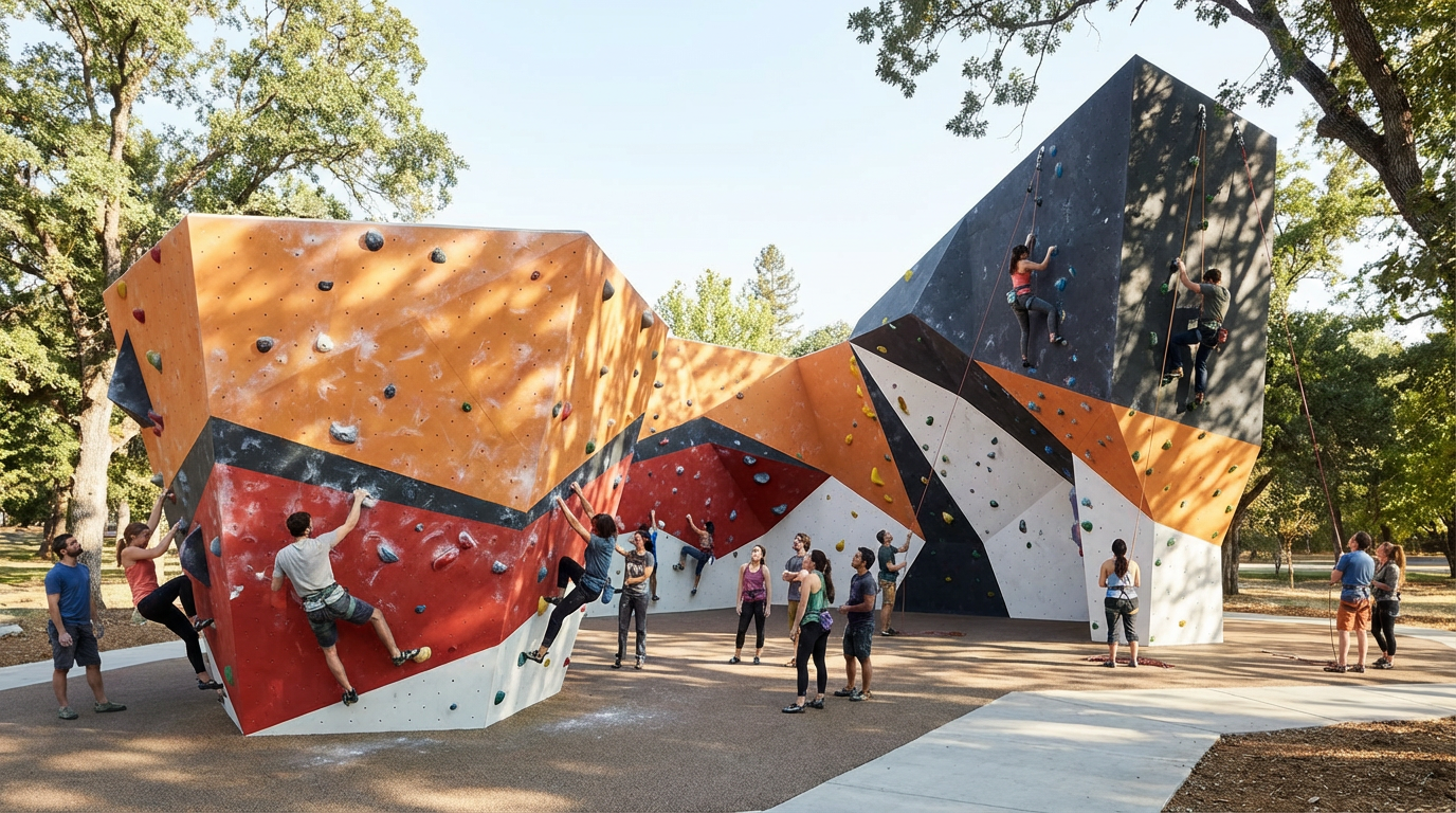 People rock climbing on outdoor artificial climbing walls in a park with trees, some waiting their turn and others watching.