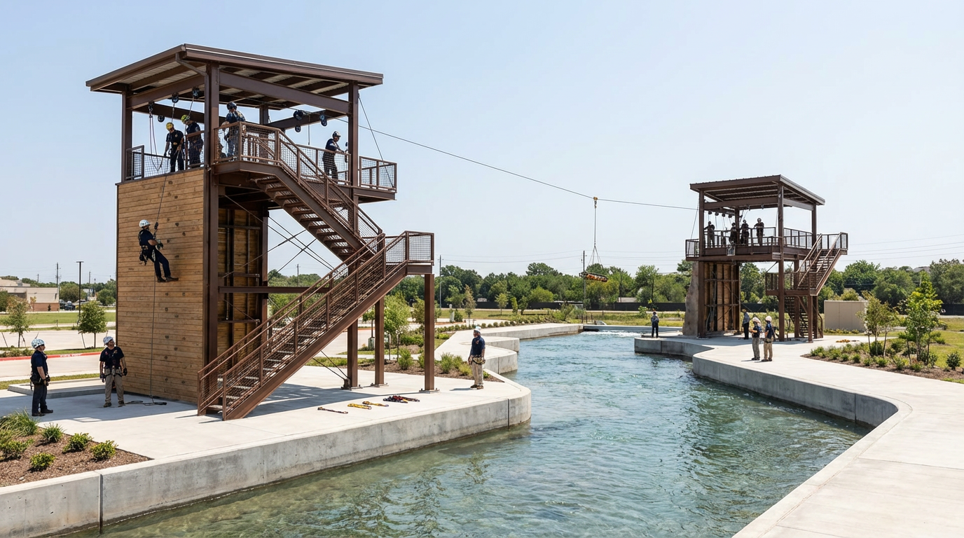 People wearing safety gear on a wooden climbing structure over water, preparing for a ropes course activity in a park.