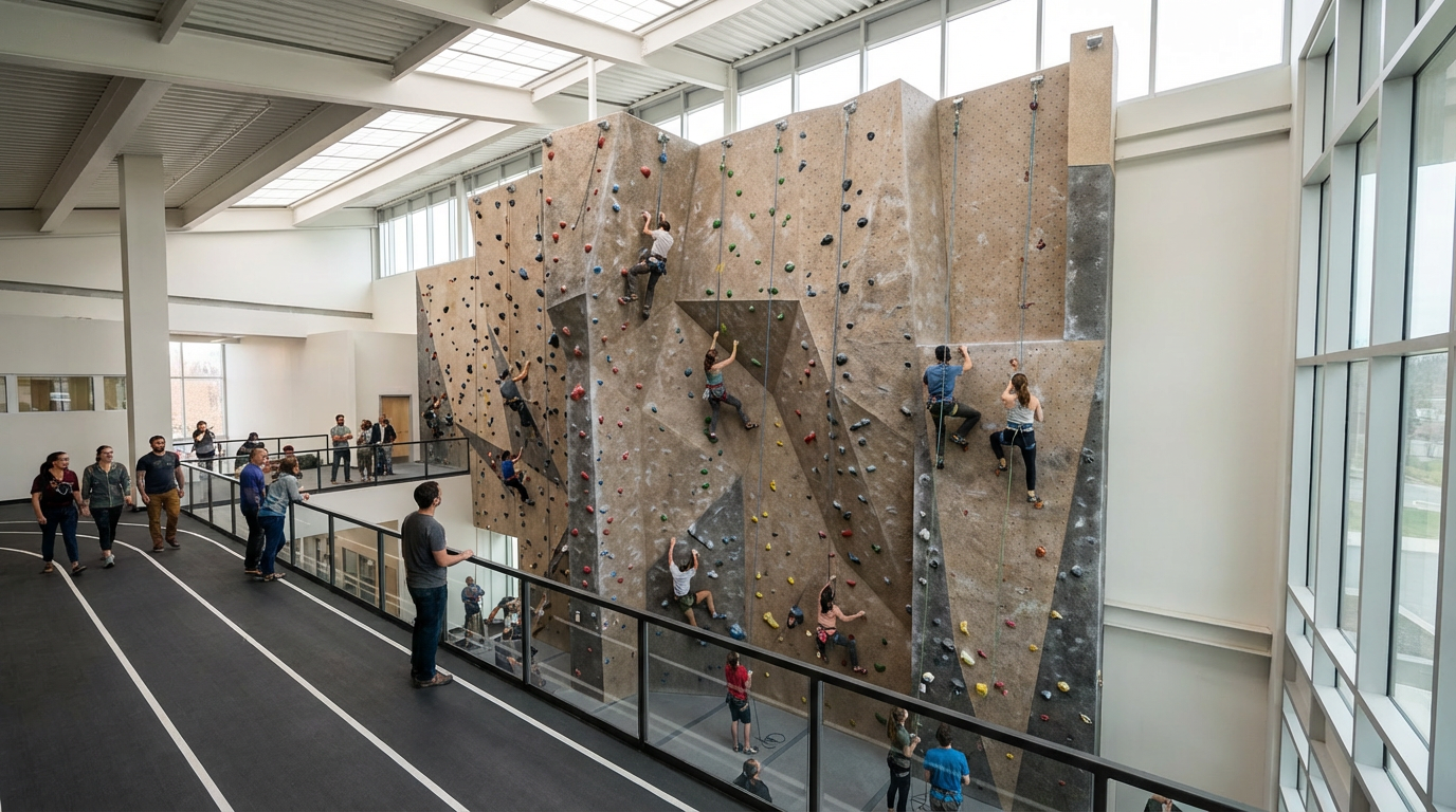 Indoor rock climbing gym with multiple climbers ascending a large climbing wall, and spectators watching from the railing.