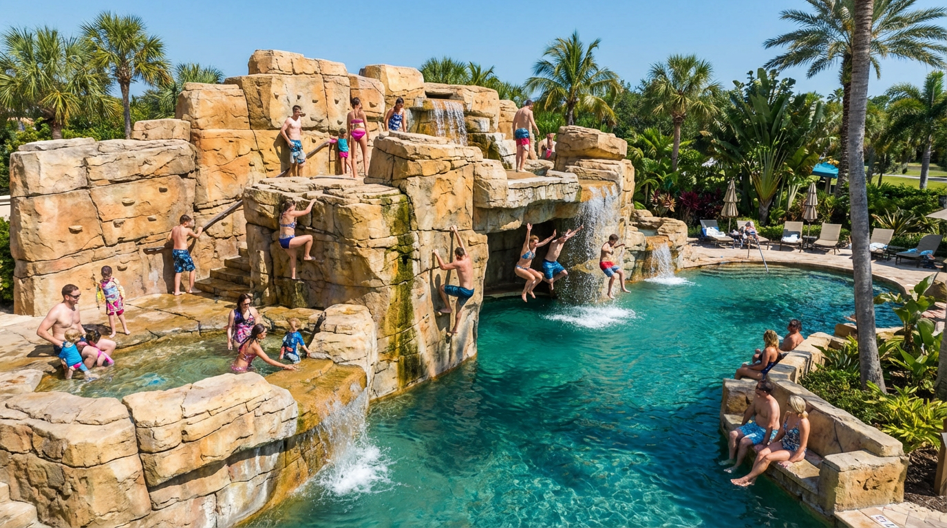 People enjoying a multi-level water fountain and pool surrounded by palm trees on a sunny day.