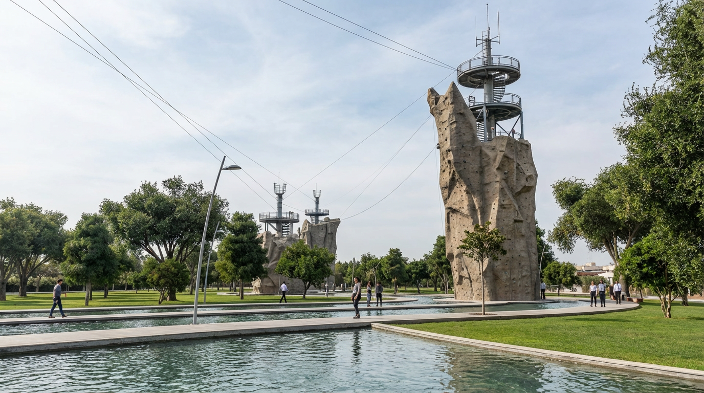 Public park with fountains, trees, and rock climbing towers with observation decks and antennas.